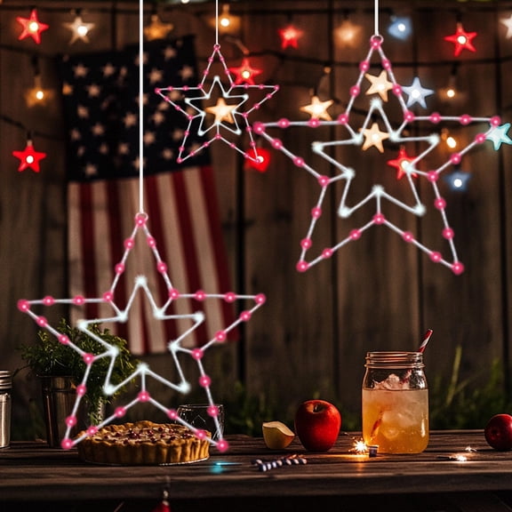 12" 4th of July Decorations Lights,LED Star Window Light,Independence Day Iron Forged Glowing Pentagram Shaped Window Lights,Battery Powered Waterproof Star Silhouette Lights