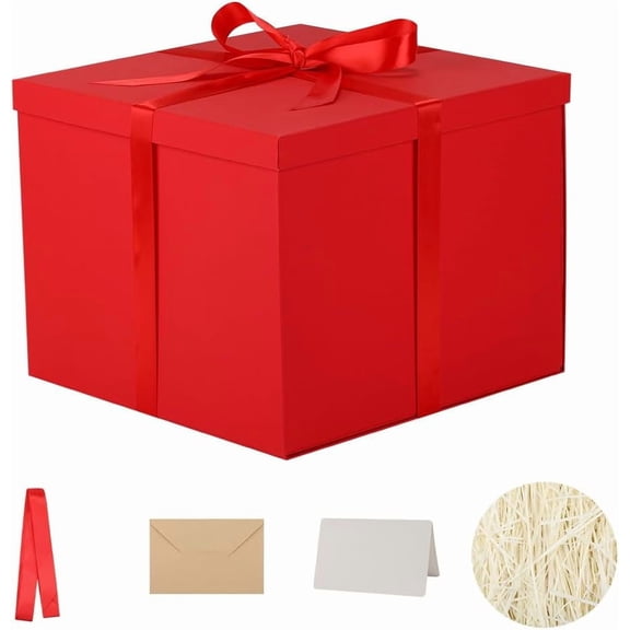 12.5×12.5×10 Inch Red Large Gift Box with Lid, Includes Shredded Paper, Card & Ribbon for Birthday Valentine Christmas Gift Packaging