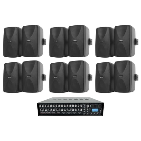 (12) 5.25" Black Wall Speakers+Multi Room Amp For Restaurant/Office/Cafe/Bar