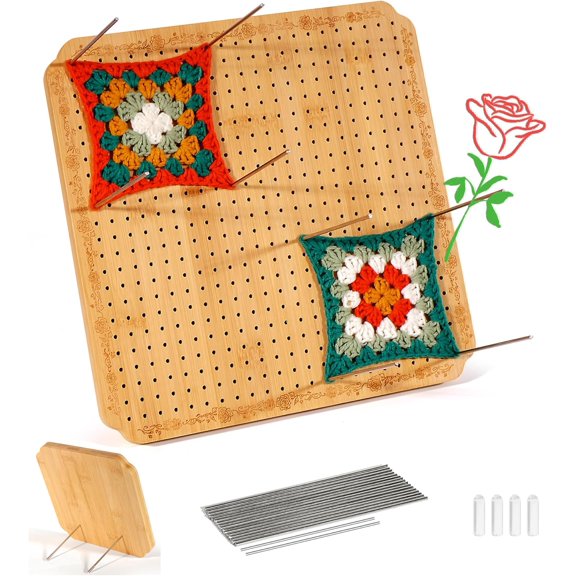 12.5 in Blocking Boards for Crochet Projects with Rose Pattern, Crochet Blocking Board with Pegs, Granny Square Blocking Board with 20 Stainless Steel Pegs, Bamboo