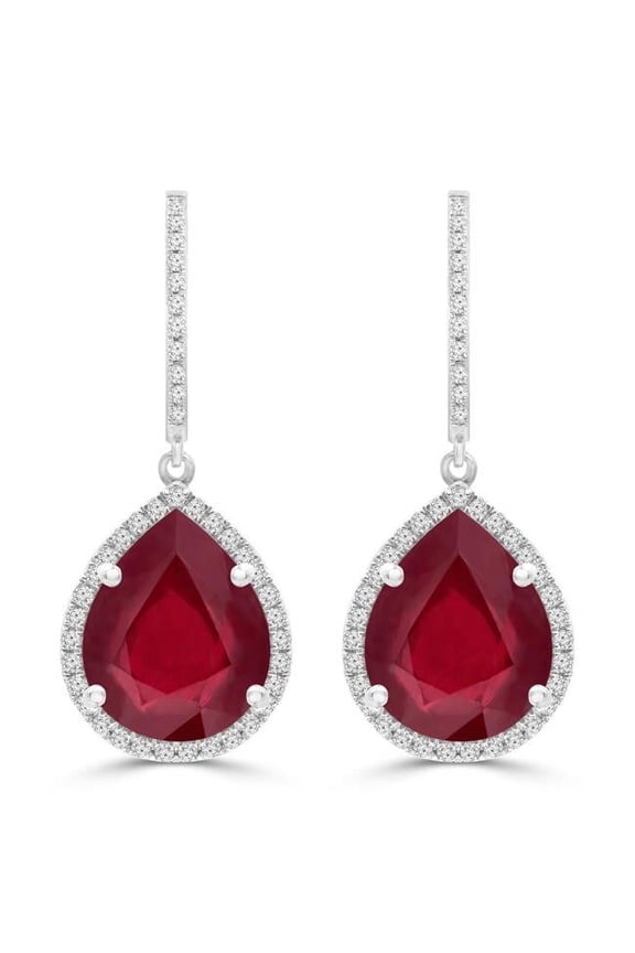 12.5 CTW Pear Red Ruby Pear Halo Drop & Dangle Earrings in 14K White Gold