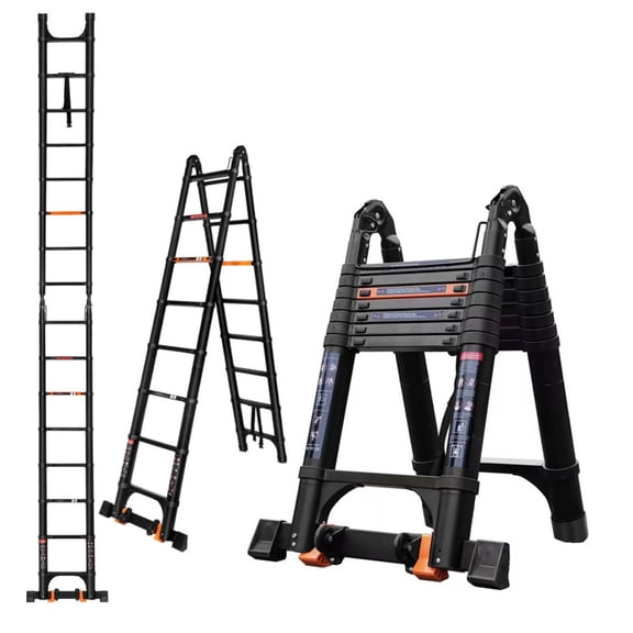 12.5-FT-A frame Telescopic Ladder (with Balance Bar/Mobility Wheels) | 330 lbs Load Capacity, Lightweight, Multipurpose Aluminum Ladder | Suitable for Home and Outdoor Use