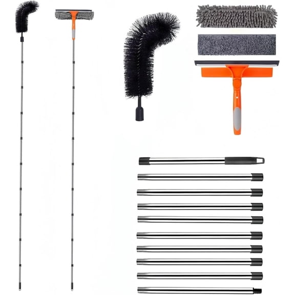 12.5 FT Window Cleaning Kit with 10-Section Extension Pole, Silicone Squeegee, Window Washer & Gutter Cleaning Brush for High Windows, Glass, Cars & Gutters