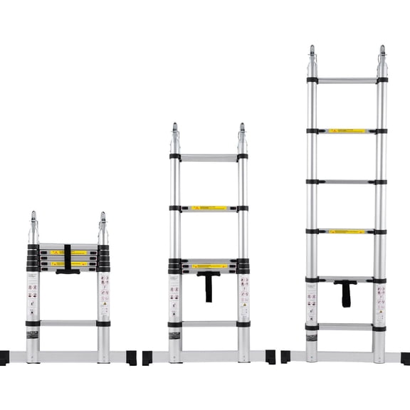 12.5 Foot Aluminum Alloy Telescopic Ladder Lightweight Multi Button Folding Ladder 375 Pound Load Capacity with Stabilizer Bar for RV Camper
