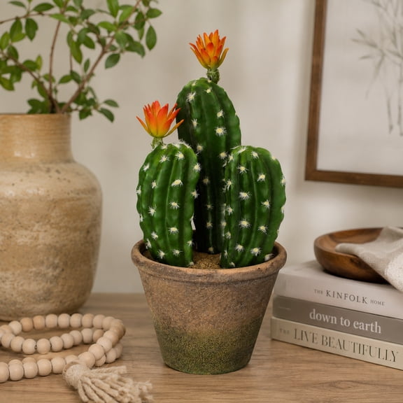 Allstate Flowering Artificial Column Cactus with Ceramic Pot - 12.5" - Green and Beige