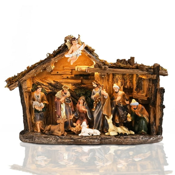 12.5 INCH Wonder Garden Christmas Nativity Set Figurine - Nativity Scene Statue with Moss Stable Village Music Decor