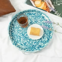 12.5 Inch Lacquer Mother of  Inlay  Tray, Round Wooden Marble Tray with Handles for Tea, Breakfast