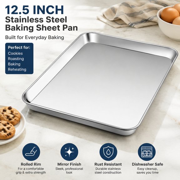 12.5 Inch Stainless Steel Baking Sheet Pan, Cookie Sheet Toaster Oven Tray, Professional Bakeware for Cookies, Bacon, Bread, Rolled Rim, Rust Resistant, Dishwasher Safe