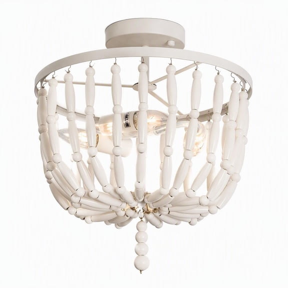 12.5-Inch White Wood Bead Semi-Flush Mount Ceiling Light, Modern Farmhouse Boho Coastal Chandelier for Entryway, Bedroom, Lounge, Laundry, Nursery, Kitchen Island, E12 Base