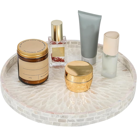 12.5" Lazy Susan for Table Top  Mother of Pearl Spinning Turntable Serving Tray, Marble Lazy Susan Organizer for Dining Table Centerpiece, Kitchen Island Decor, Bathroom Counter, Outdoor Use (White)