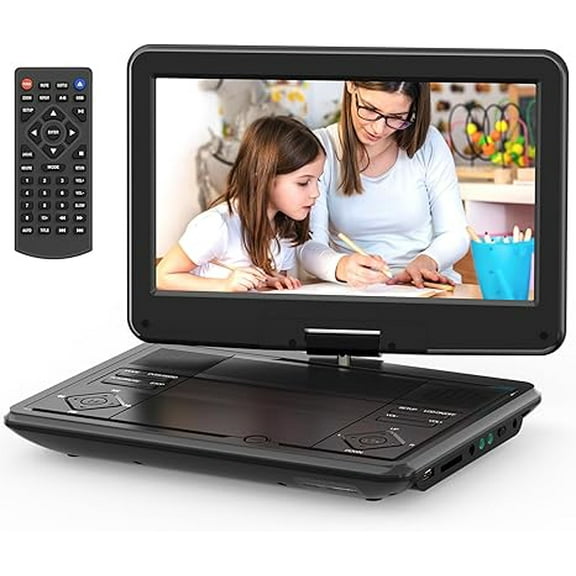 12.5 Portable DVD Player with 10.5 Large HD Screen, 4-6 Hours Rechargeable Battery, Dual Speakers, Region Free, Remote Control, Support Multiple Disc Formats Sync TV, USB/SD, Black