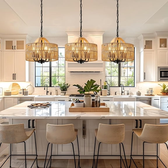 12.5" Rattan Pendant Light Fixtures, 4-Light Boho Chandelier with Woven Drum Shade, Farmhouse Dining Room Ceiling Hanging Lamp, Small Wicker Coastal Pendant Lighting for Kitchen Island Hallway