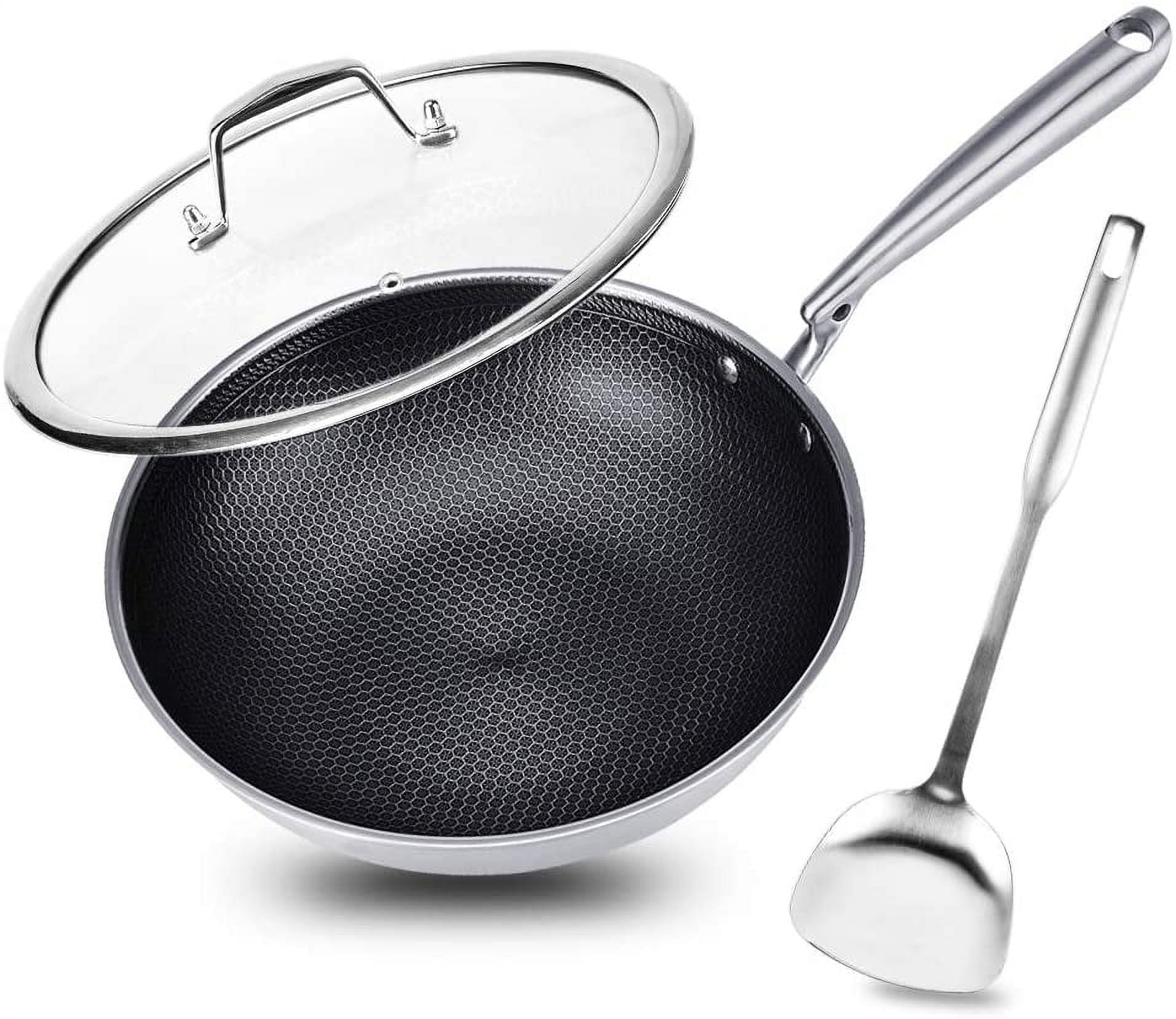 Potinv Hybrid Stainless Steel Wok with Stay Cool Handles 12 Inch,Non-Stick,  Dishwasher and Oven Safe, Works with Induction, Ceramic, Electric, and Gas