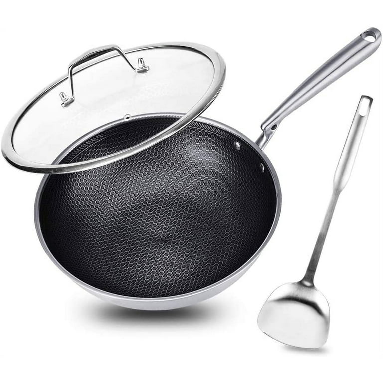 12.5 Stainless Steel Wok, Nonstick Stir Fry Pan with Lid and Spatula,  Induction Compatible, Scratch Resistant, Dishwasher and Oven Safe 