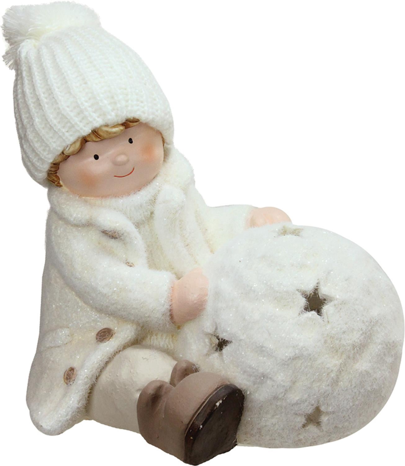 12.5" White Tealight Snowball with Sitting Boy Christmas Candle Holder
