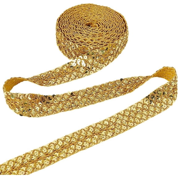 12.5 Yards(11.4m) Ployester Sequin Ribbon Trim Flat Gold 35mm(1.38inch) Wide Fabric Ribbon Fish Scale Paillette Trims Glitter Fabric Strip for Costume Embellishments Dress Polyester