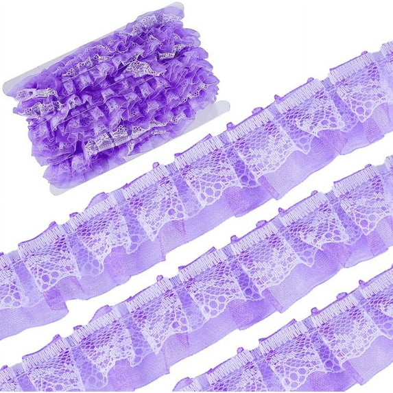 12.5 Yards Double Layers Organza Lace Ribbon Pleated Satin Lace Edge Trim 1 Inch Wide Purple Ruffle Chiffon Edging Trimmings Tulle Fabric DIY