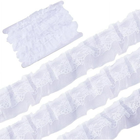 12.5 Yards White Double Layers Organza Lace Ribbon Pleated Satin Lace Edge Trim 1 Inch Wide Ruffle Chiffon Edging Trimmings Tulle Fabric DIY