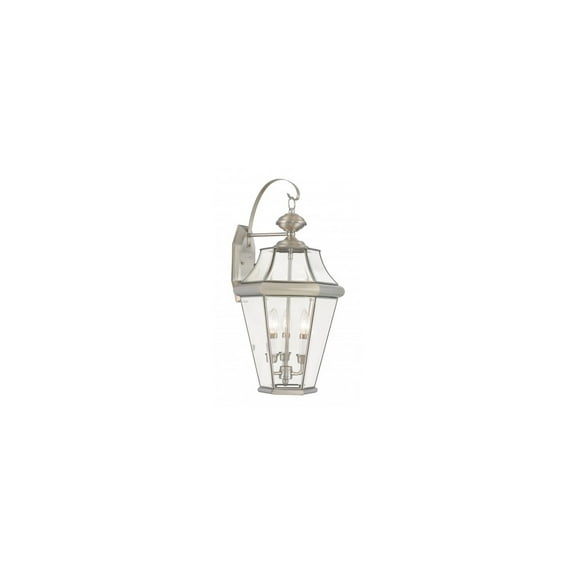12.5 inch 3 Light Brushed Nickel Outdoor Wall Lantern Pendant Lighting Fixture with Clear Beveled Glass Shade backed with Hand crafted Solid Brass material for patio, front porch, entryway and more