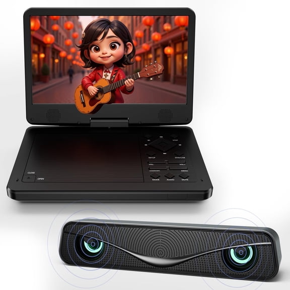 12.5-inch Portable DVD Player with Soundbar & 10.5-inch  Screen, Portable Design for -the-go Viewing.Supports 5 Hours of  Life.CD/DVD/SD Card/USB Compatible,Region Free