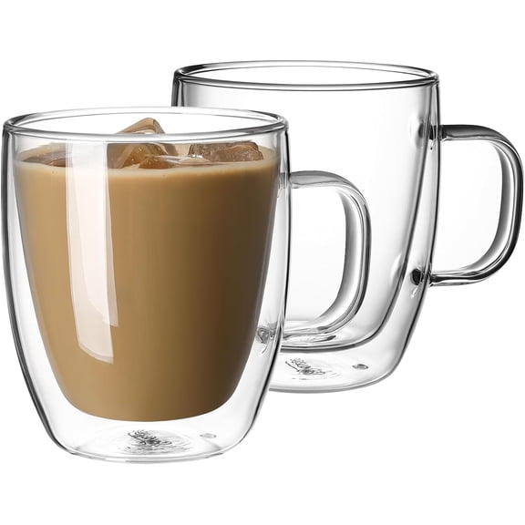 12.5 oz Double Wall Glass Coffee Mugs Set of 2 - Insulated for Espresso, Latte, Tea Beverages