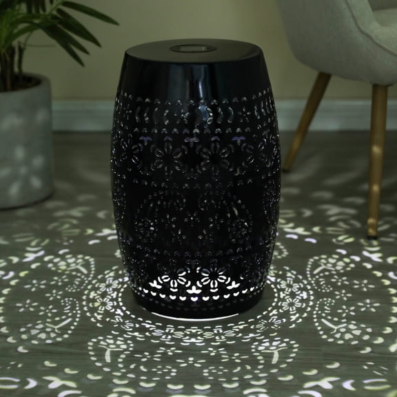 12.5" x 18.25" Outdoor Solar Powered Side Table Metal Iron Accent Table with Built-in LED Light Hollow Cutout Design Weather Resistant for Patio Garden Balcony Living Room Black