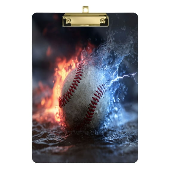 12.5" x 9" Acrylic Clipboard with Gold Clip & Retractable Hook for Office Classroom Home Baseball with Water and Fire