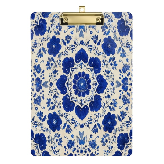12.5" x 9" Acrylic Clipboard with Gold Clip & Retractable Hook for Office Classroom Home Blue and White Batik Pattern