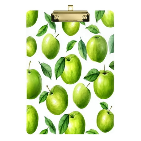 12.5" x 9" Acrylic Clipboard with Gold Clip & Retractable Hook for Office Classroom Home Cartoon Green Apples Pattern