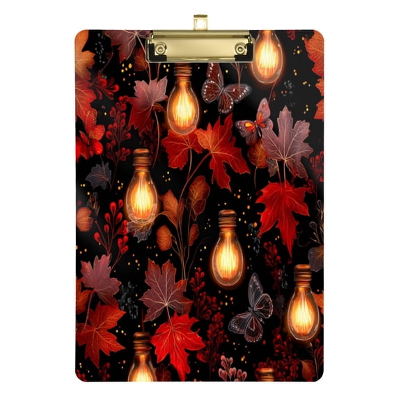 12.5" x 9" Acrylic Clipboard with Gold Clip & Retractable Hook for Office Classroom Home Light Bulbs and Maple Leaves