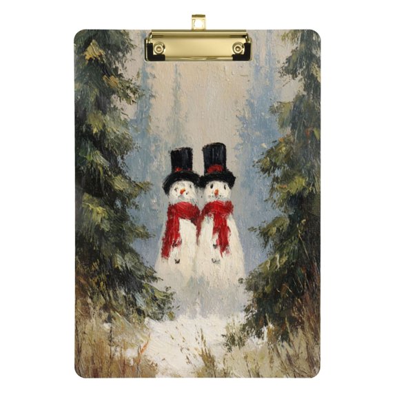12.5" x 9" Acrylic Clipboard with Gold Clip & Retractable Hook for Office Classroom Home Moody Snowman Couple