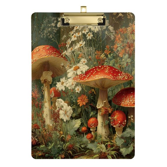 12.5" x 9" Acrylic Clipboard with Gold Clip & Retractable Hook for Office Classroom Home Red Mushrooms