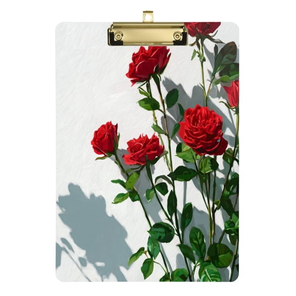 12.5" x 9" Acrylic Clipboard with Gold Clip & Retractable Hook for Office Classroom Home Red Roses on The Wall
