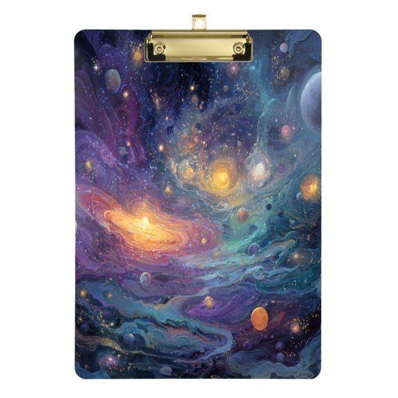 12.5" x 9" Acrylic Clipboard with Gold Clip & Retractable Hook for Office Classroom Home Vibrant and Colorful Universe