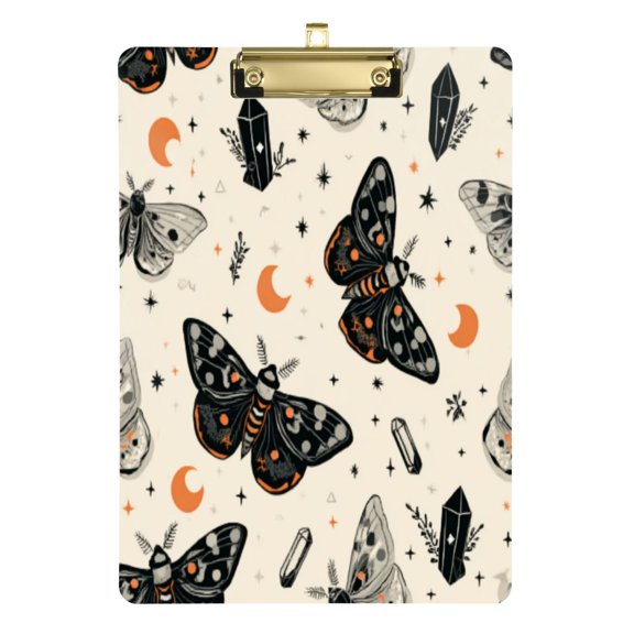 12.5" x 9" Acrylic Clipboard with Gold Metal Clip Office and Classroom Essential Black and White Moths