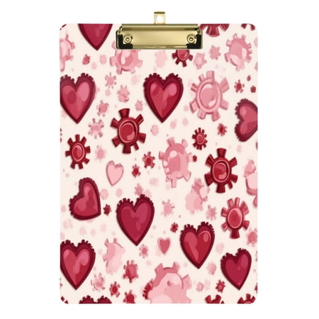 12.5" x 9" Acrylic Clipboard with Gold Metal Clip Office and Classroom Essential Gear-shaped Hearts Pattern