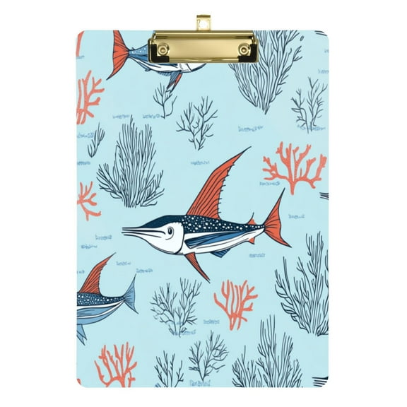 12.5" x 9" Acrylic Clipboard with Gold Metal Clip Office and Classroom Essential Sailfish and Coral Reef Pattern