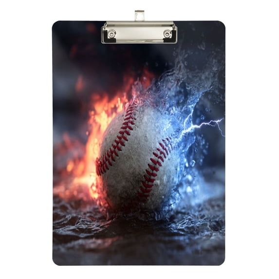 12.5" x 9" Acrylic Clipboard with Silver Clip & Retractable Hook for Office Classroom Home Baseball with Water and Fire