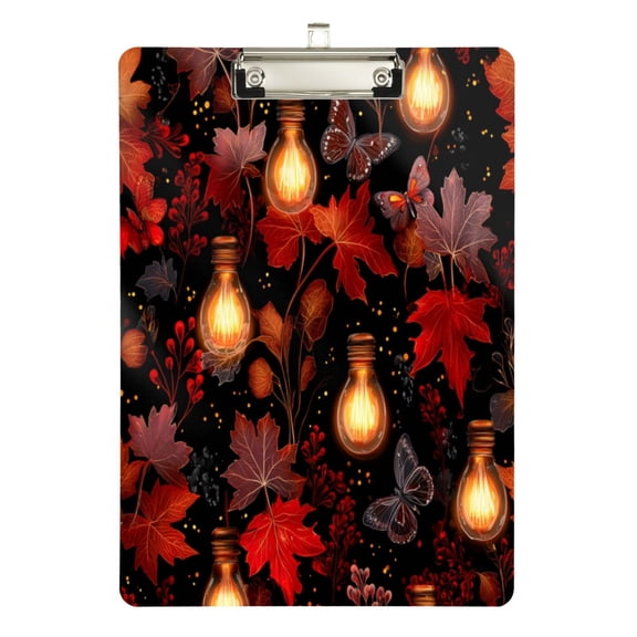 12.5" x 9" Acrylic Clipboard with Silver Clip & Retractable Hook for Office Classroom Home Light Bulbs and Maple Leaves