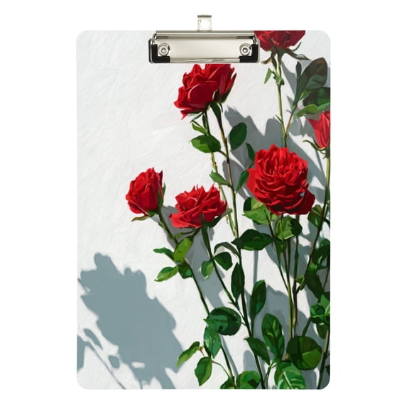 12.5" x 9" Acrylic Clipboard with Silver Clip & Retractable Hook for Office Classroom Home Red Roses on The Wall