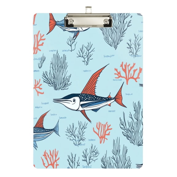 12.5" x 9" Acrylic Clipboard with Silver Metal Clip Office and Classroom Essential Sailfish and Coral Reef Pattern