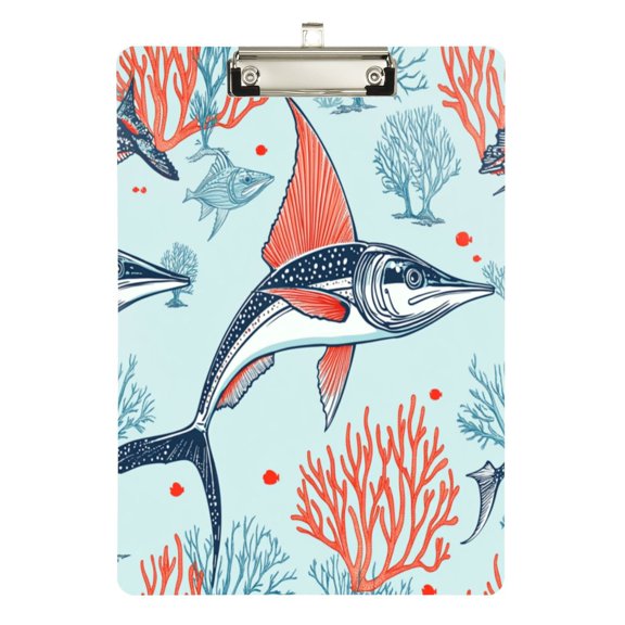 12.5" x 9" Acrylic Clipboard with Silver Metal Clip Office and Classroom Essential Sailfish and Coral Reef