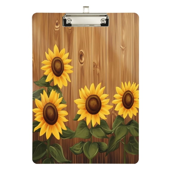 12.5" x 9" Acrylic Clipboard with Silver Metal Clip Office and Classroom Essential Wooden Background with Sunflowers