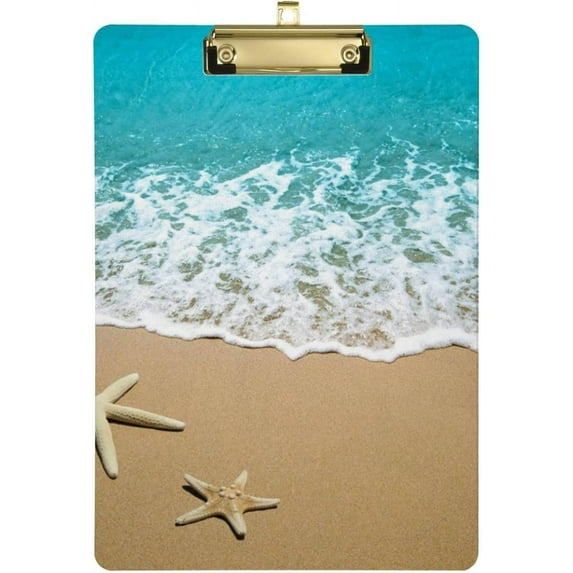 12.5"x9" Seaside Beach Clipboards, Standard A4 Letter Size Nursing Clipboard with Low Profile Metal Clip Decorative Clip Board for Office Supplies,Gold