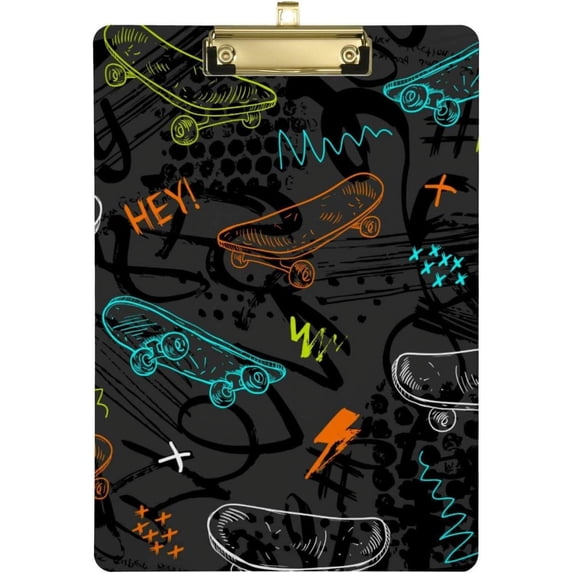 12.5"x9" Skateboard Pattern Clipboards, Standard A4 Letter Size Nursing Clipboard with Low Profile Metal Clip Decorative Clip Board for Office Supplies,Silver
