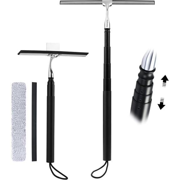 12-51 Telescopic Window Squeegee for High Windows, 2-in-1 Window Cleaning Kit with Extra Silicone Blade & Hook, Professional Squeegee for Shower Glass Doors, Car Windshield & Outdoor Use