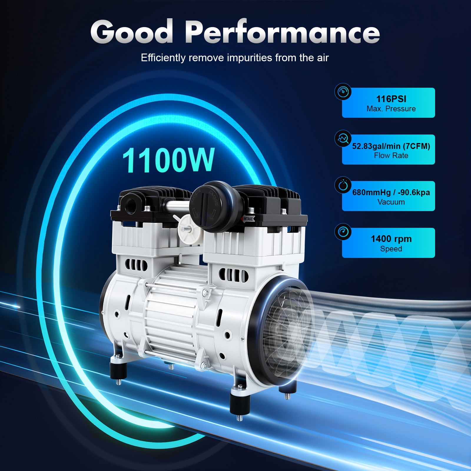12.59*6.69*11.41inch 1100W Aluminum Alloy Silver Oilless Vacuum Pump Industrial Oil-free Silent Diaphragm Vacuum