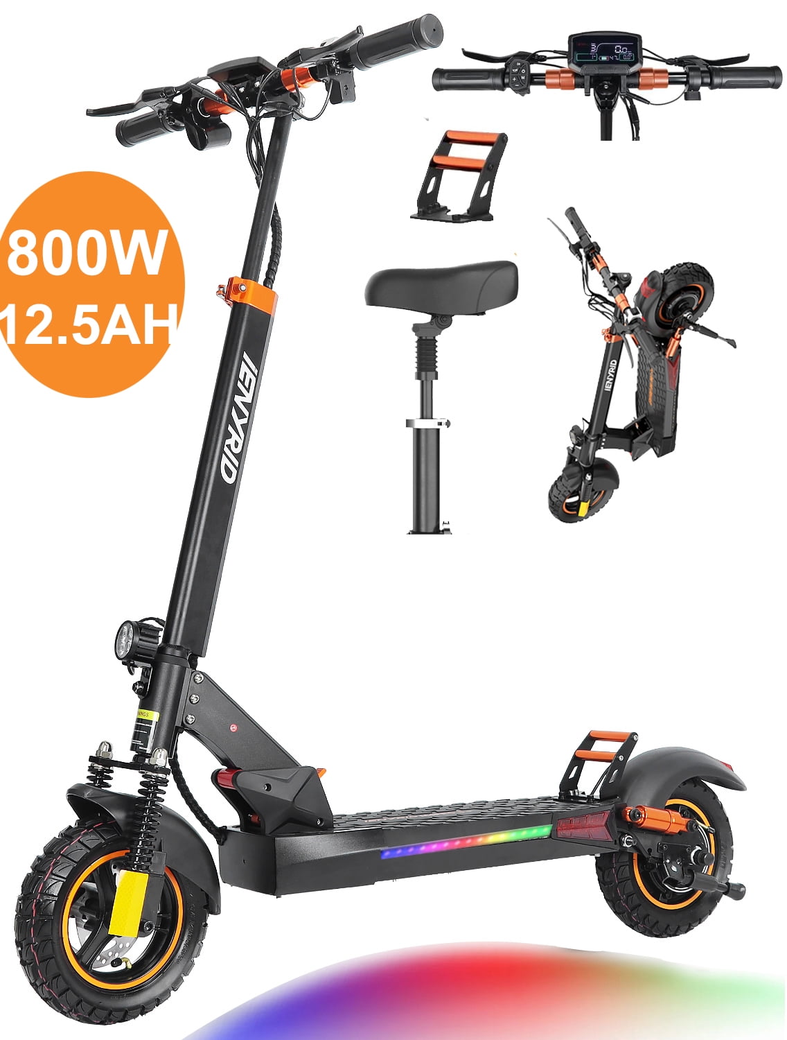 12.5Ah Electric Scooter 800W with Seat Off Road 10 Inch Air Filled Tires Max 30 MPH 25 Miles Folding E Kick Scooter Triple Brake Shock