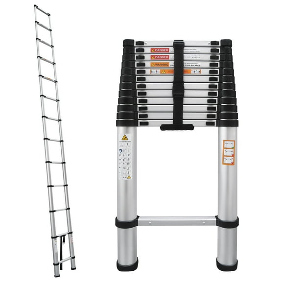 12.5FT 3.8M Telescoping Ladder Aluminum Multi-purpose Extension Ladder EN131 Standard, 330lbs Load, Portable Folding Ladder, 12 Steps, Easy to Collapse Space Saving, with Anti-Slip Feet
