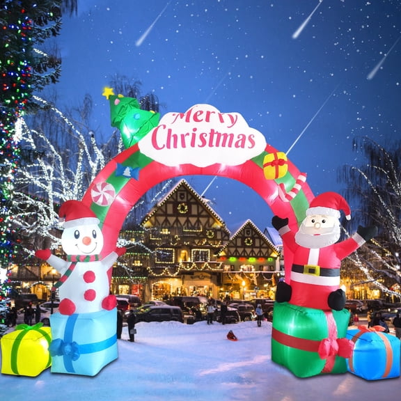 12.5FT Christmas Inflatables Archway, Inflatable Santa Claus and Snowman Sitting on Gift Boxes, Christmas Arch Blow Up Yard Decorations and LED Lights Built-in for Party Indoor, Outside, Garden, Lawn